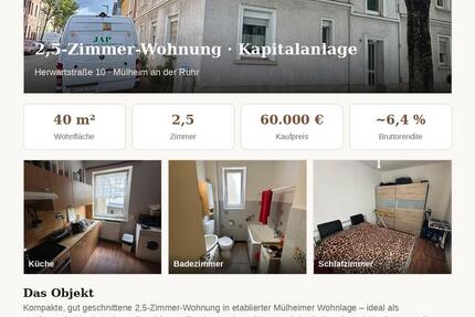 Wohnung Mülheim an der Ruhr Rechtsruhr-Nord - 2.5 Zimmer, 40 m&sup2;, 60.000&euro; | Angebot:27136700