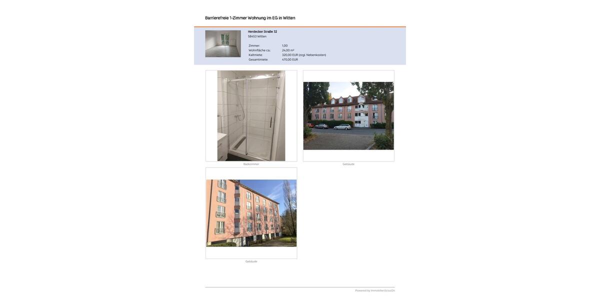 Erdgeschoßwohnung Witten Annen - 1 Zimmer, 24 m&sup2;, 320&euro; | Angebot:25957363