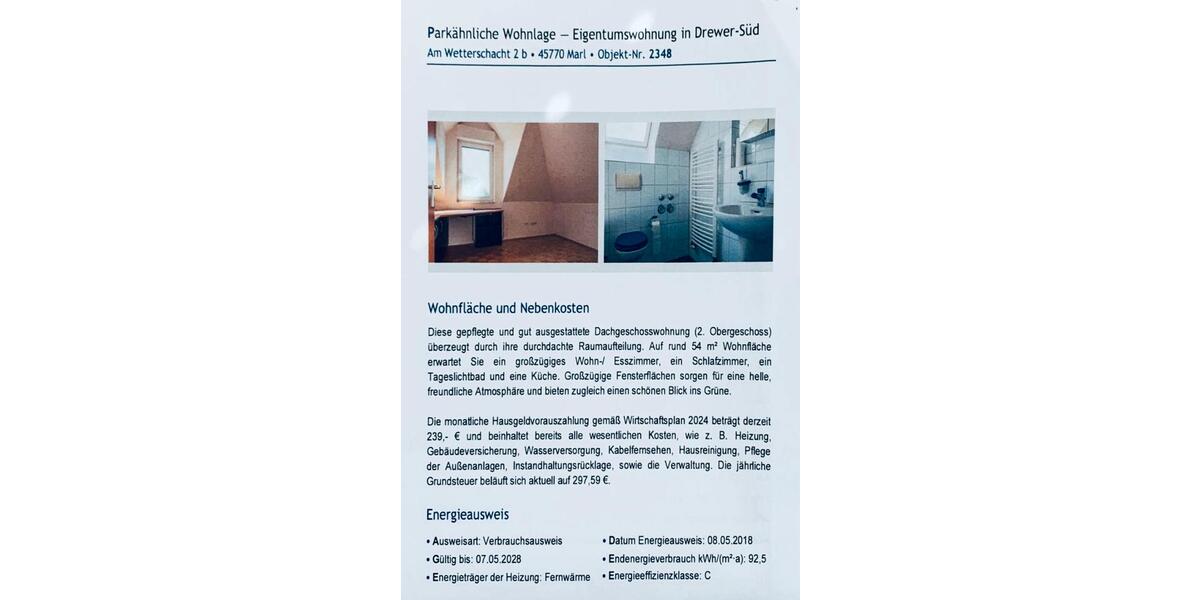 Dachgeschoßwohnung Marl - 2 Zimmer, 54 m&sup2;, 1.062&euro; | Angebot:25349094