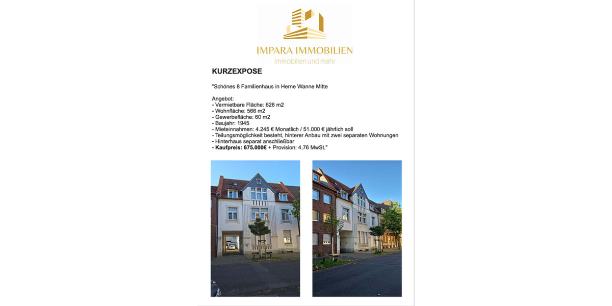 Mehrfamilienhaus, Wohnhaus Herne Wanne-Bickern - 675.000&euro; | Angebot:25332050