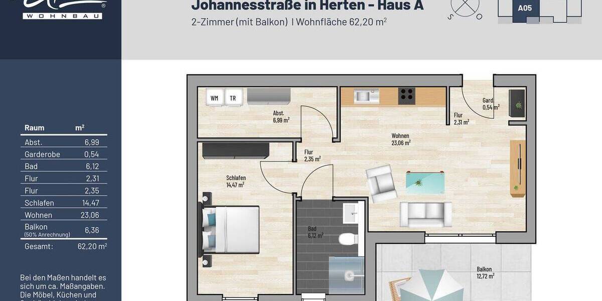 Etagenwohnung Herten Westerholt - 2 Zimmer, 62 m&sup2;, 255.000&euro; | Angebot:24043666
