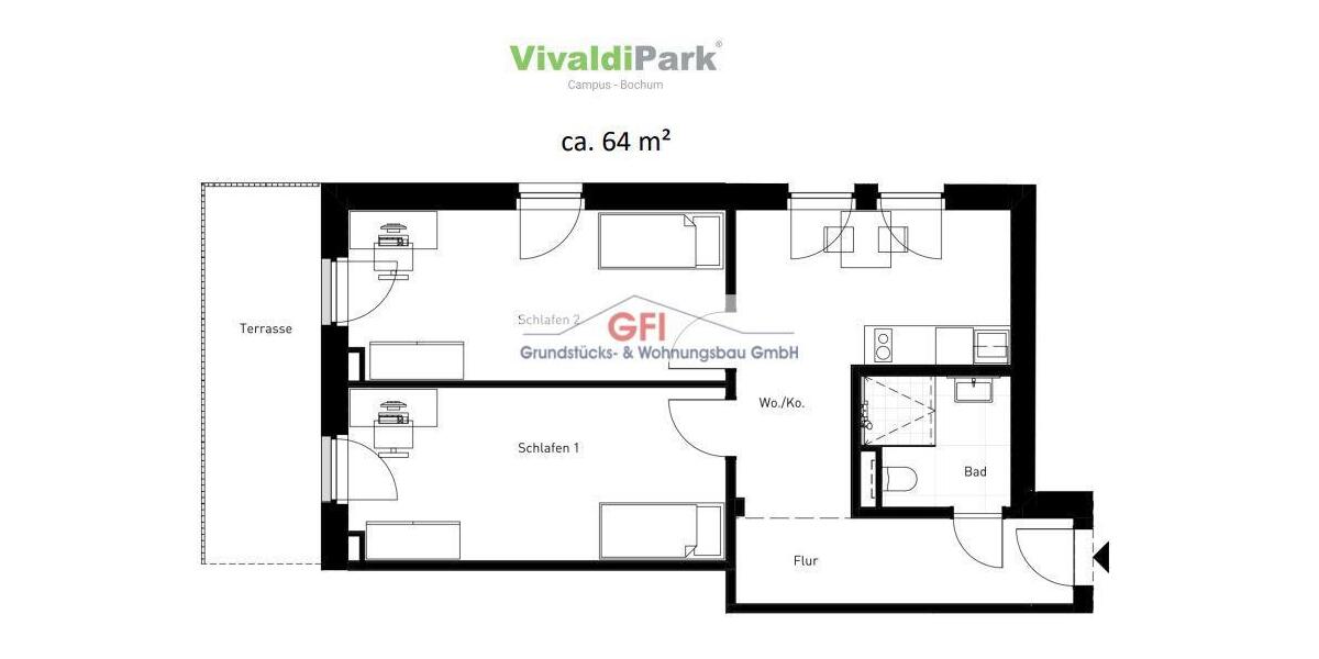 Etagenwohnung Bochum Laer - 2 Zimmer, 62 m&sup2;, 1.090&euro; | Angebot:23509179